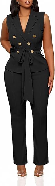 Womens 2 Piece Blazer Pants Set 2025 Trendy V Neck Sleeveless Belted Vest Straight Long Pants Business Suit Sets