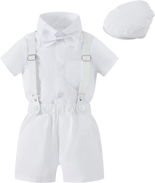 BabyMars Christening Clothes Cake Wedding Tuxedo Outfit Baby Boys Formal Suit Gentleman Bowtie Romper Shorts (White Short Sleeve, 6-12 Months)