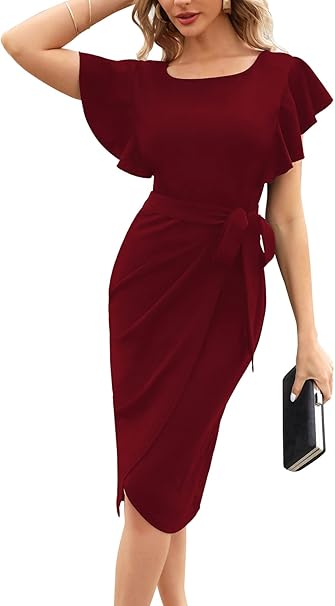 HELYO Women's Elegant V-Back Ruffle Sleeve Sheath Dresses Belted Ruched Elegant Casual Work Cocktail Party Dress