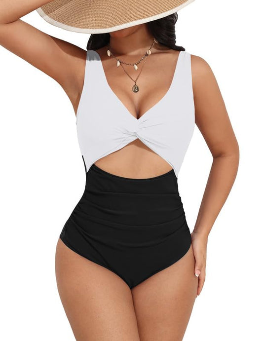 AI'MAGE Women's One Piece Swimsuit High Waisted Bathing Suit Cutout Monokini V Neck Swimwear, White, Large