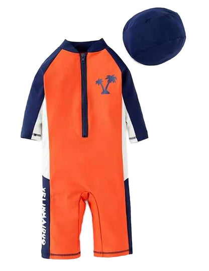 Styles I Love Kid Boys Palm Tree Orange Long Sleeve One-Piece Zipper Rash Guard Swimsuit with Swim Hat 2pcs Beach Swimwear