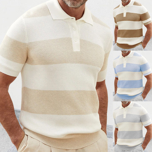 Striped Knit Polo Shirt - Acrylic Lapel Collar Short Sleeve