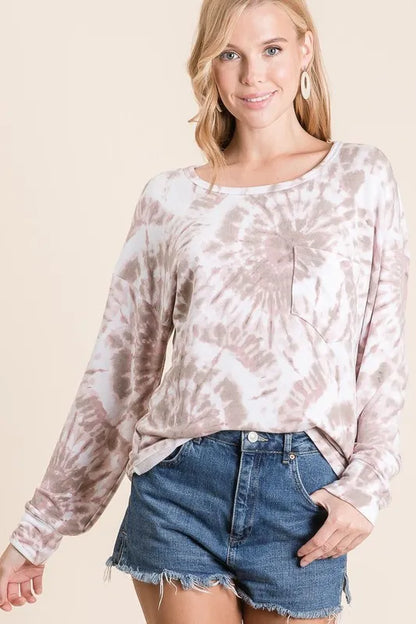 BiBi Tie Dye Print Terry Top with Front Patch Pocket