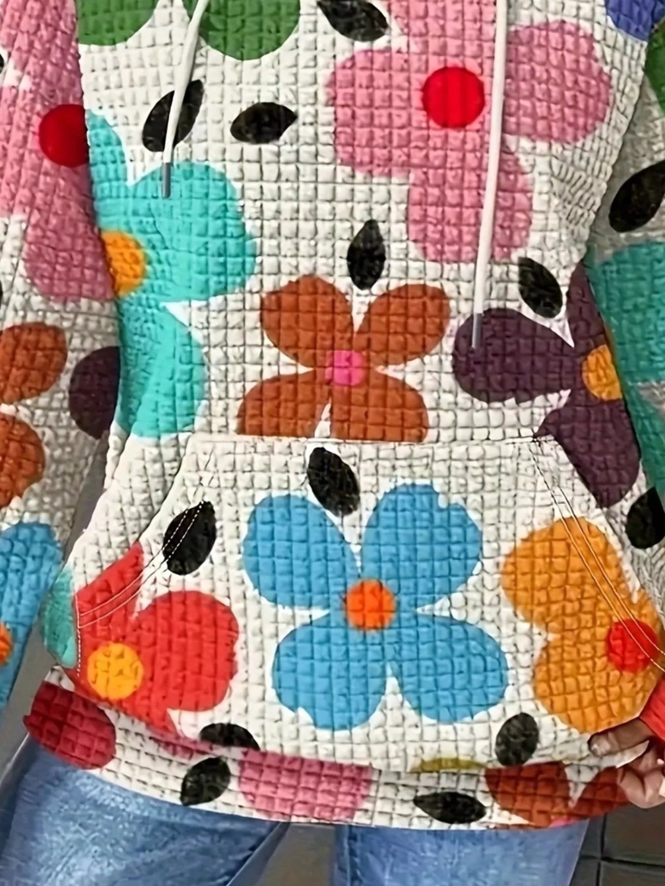 Floral Print Textured Drawstring Hoodie