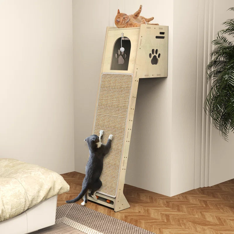 Luxury Wall-Leaning Cat Climbing Tower — Modern Cat Climber with Scratching Mat & Perch