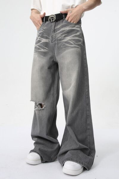 Distressed Wide Leg Jeans With Pockets