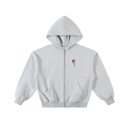 Love Bar Contrast-Stitched Boxy Fleece Zip Hoodie