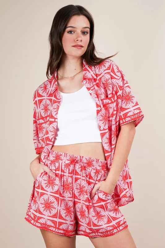 VERY J Full Size Tropical Printed Shirt Top and Shorts Set Plus Size