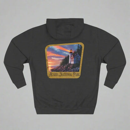 Acadia National Park Fleece Hoodie Scenic Coastal Graphic Wooden Mountain Sign