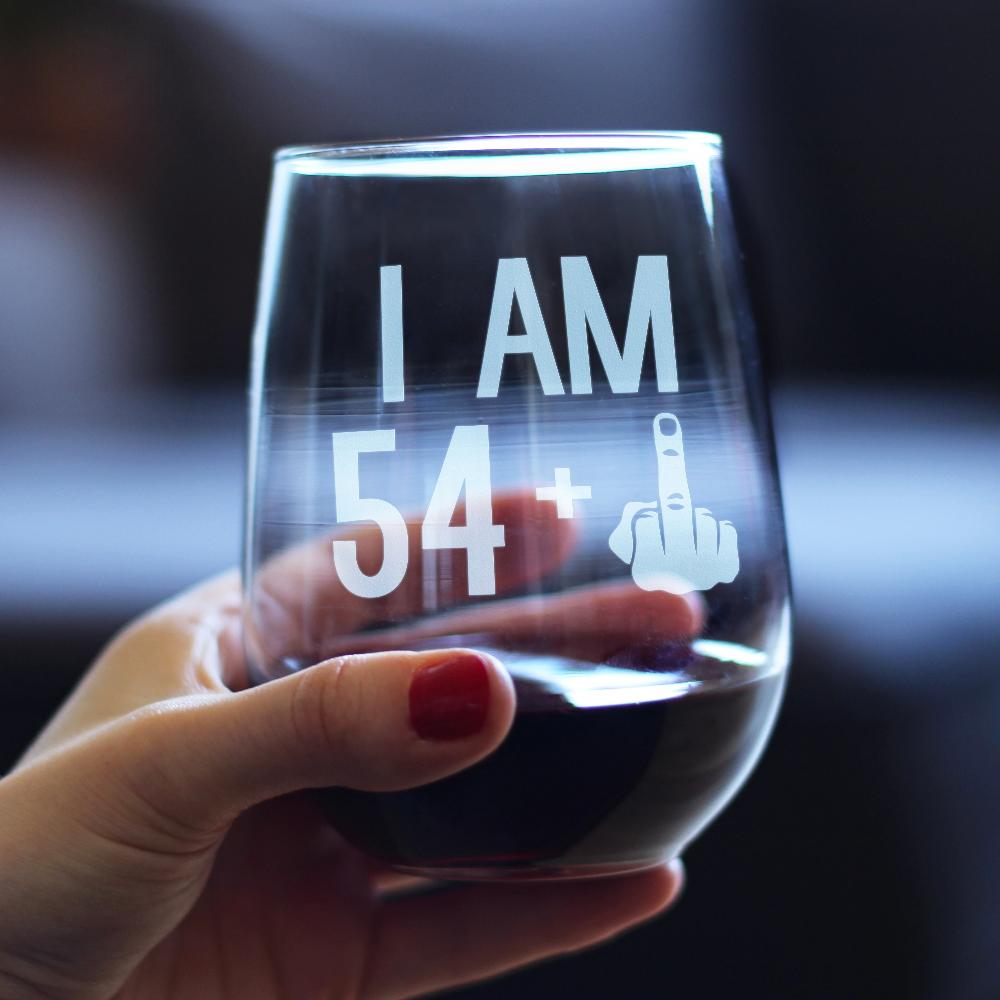 54 + 1 Middle Finger - 55th Birthday Stemless Wine Glass for Women & Men - Cute Funny Wine Gift Idea - Unique Personalized Bday Glasses for Mom, Dad, Friend Turning 55 - Drinking Party Decoration