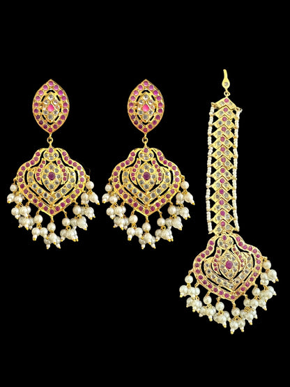 BR307 Gold plated bridal set with earrings tika in ruby ( READY TO SHIP)