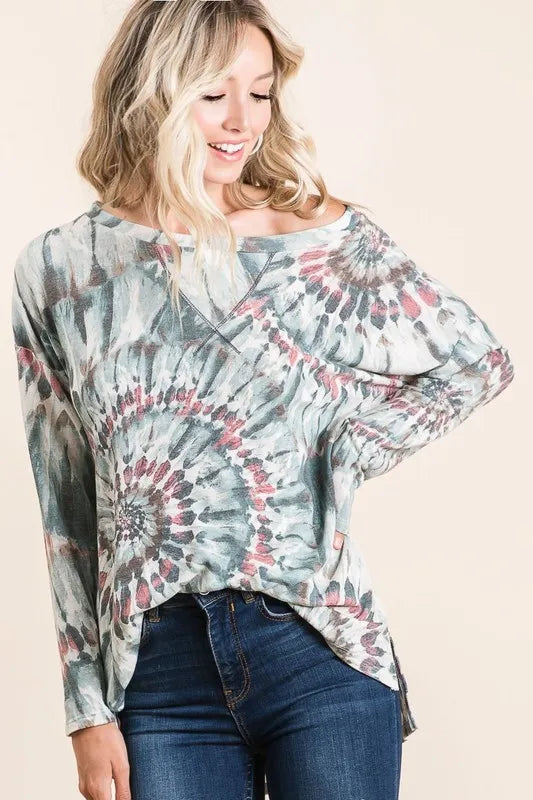 BiBi Tie Dye Terry Top with Contrast Stitching
