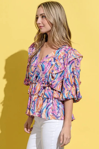 And The Why Printed Lantern Sleeve Blouse