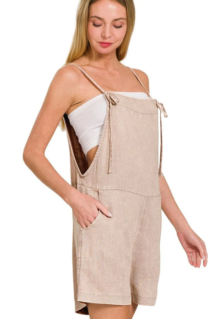 Zenana Washed Linen Knot Strap Rompers