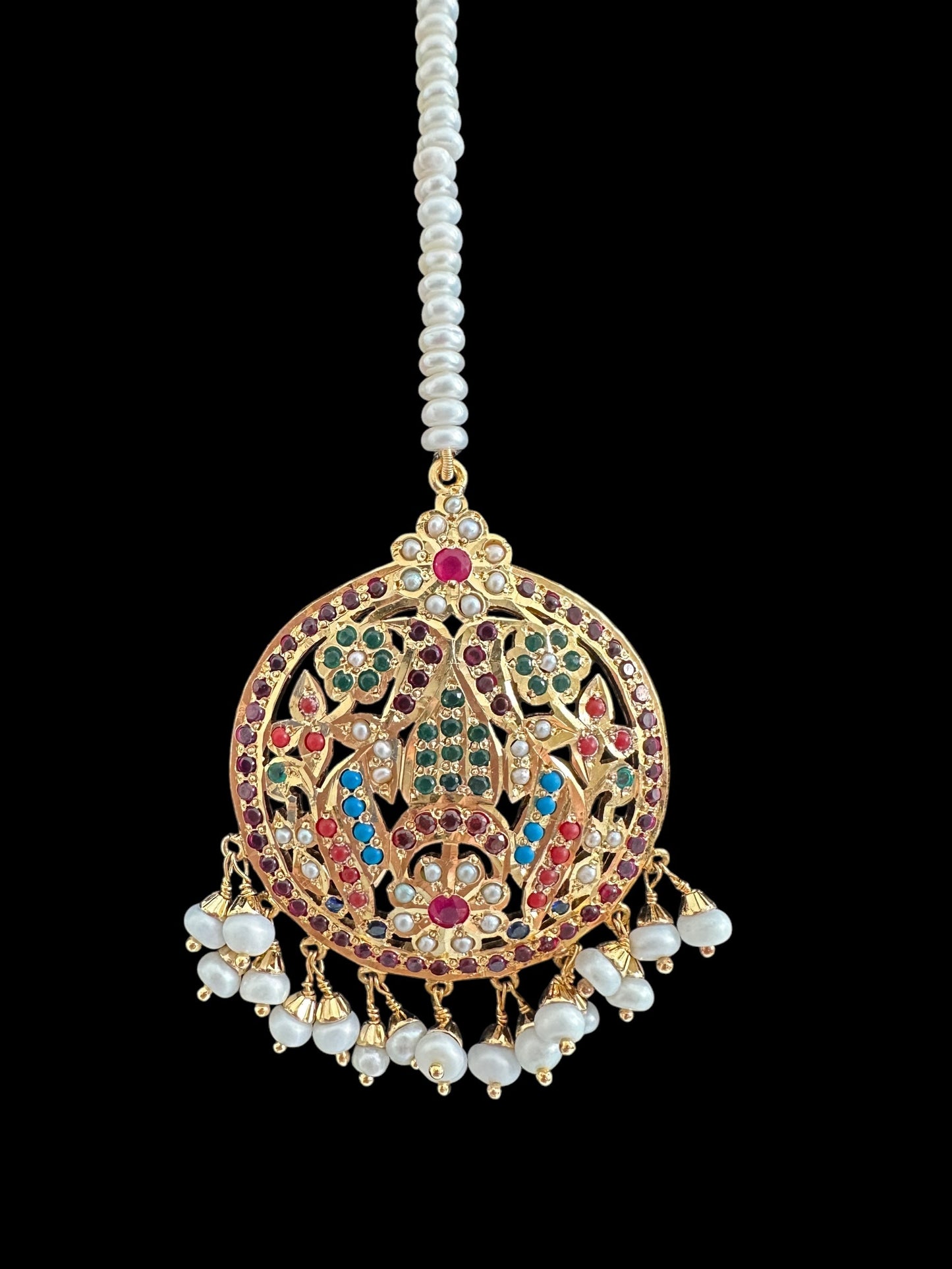 Navratan tika in silver with fresh water pearls - gold plated ( READY TO SHIP )