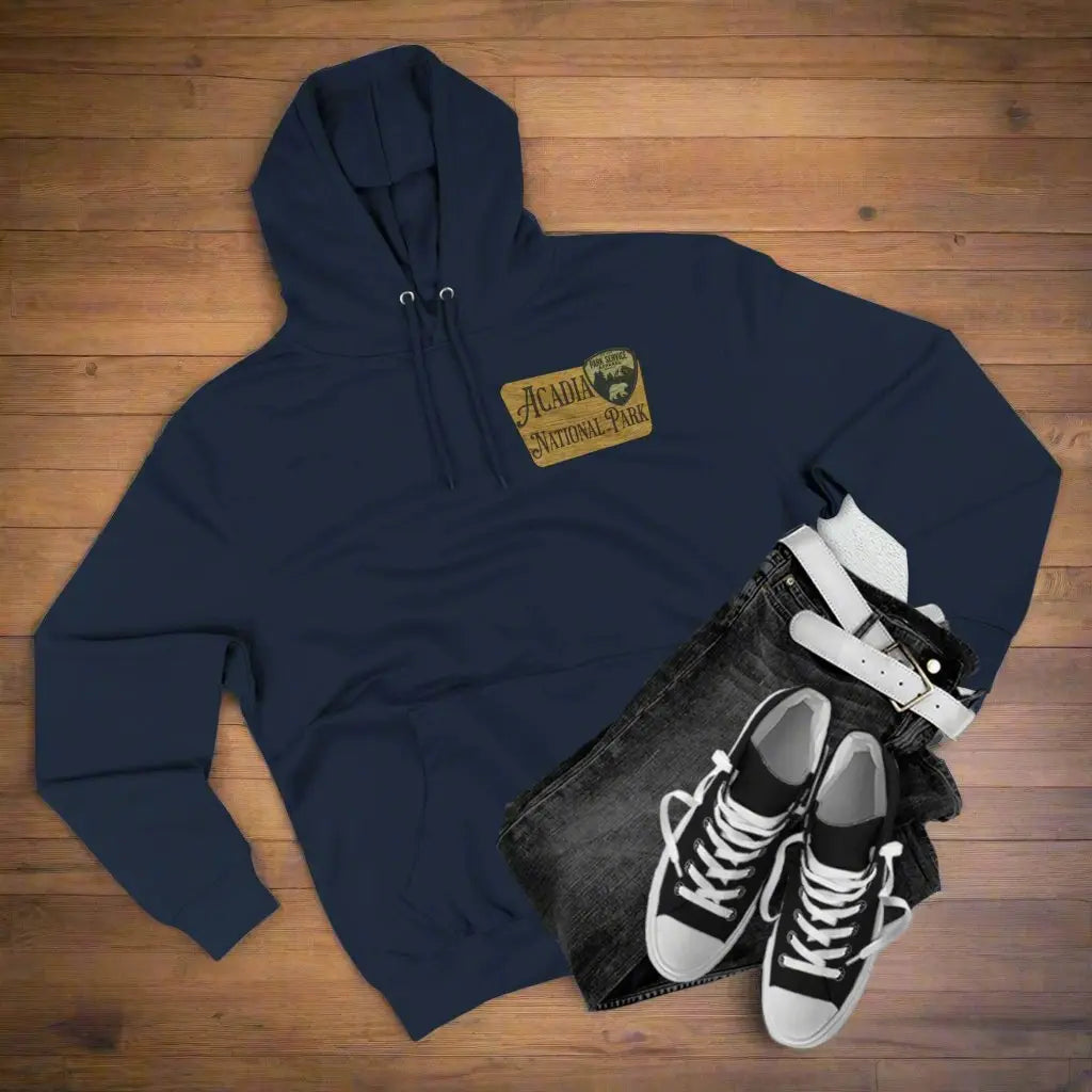 Acadia National Park Fleece Hoodie Scenic Coastal Graphic Wooden Mountain Sign