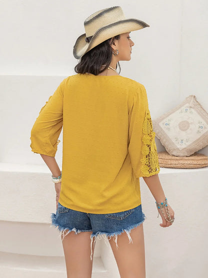 V-Neck Lace Three-Quarter Sleeve Top