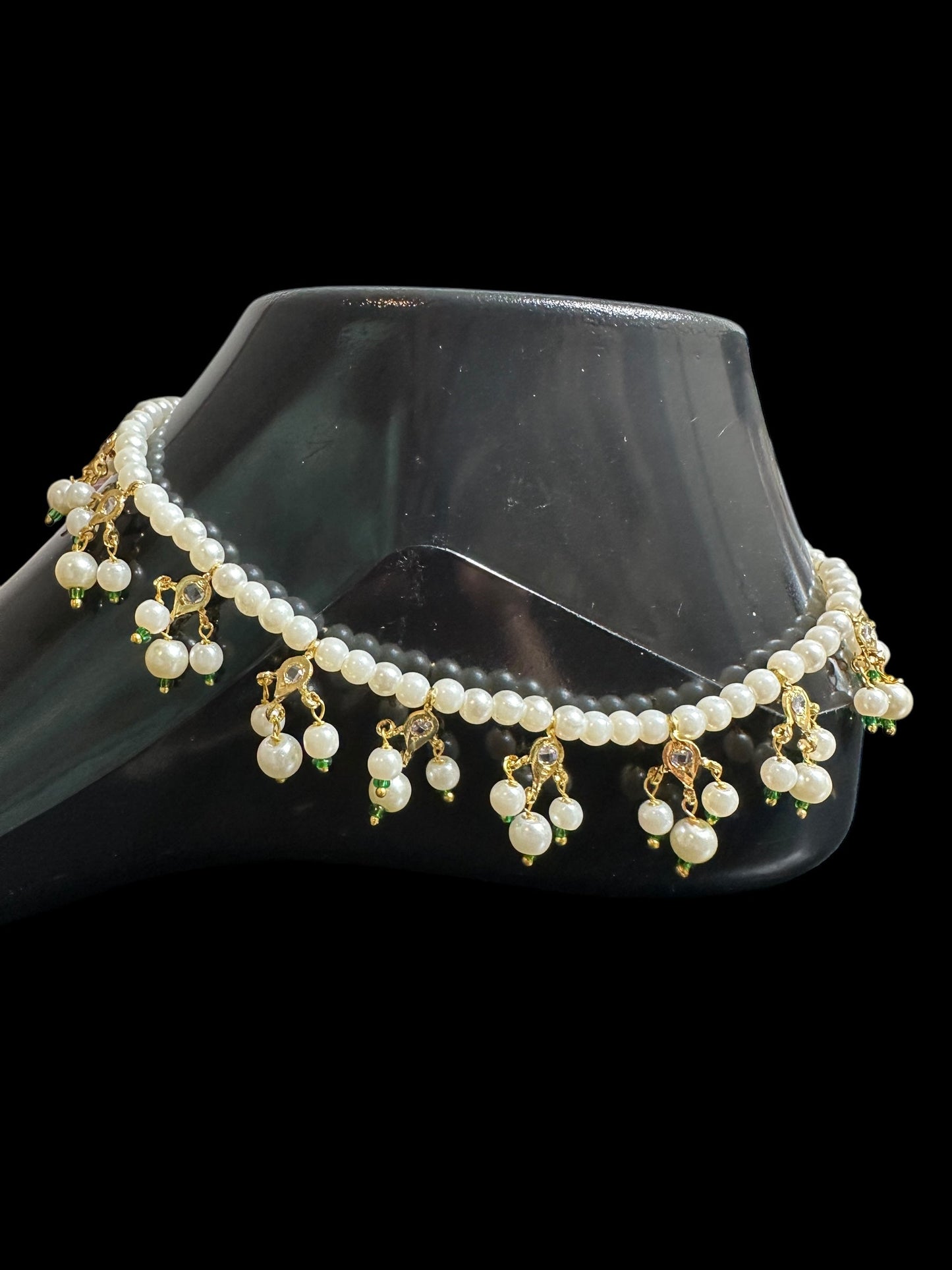 Pearl polki Payal - green beads  ( READY TO SHIP )