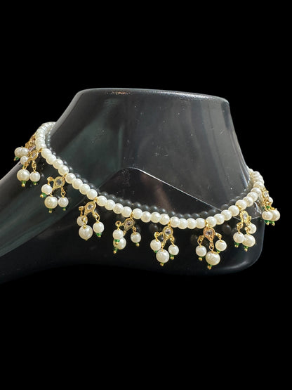 Pearl polki Payal - green beads  ( READY TO SHIP )