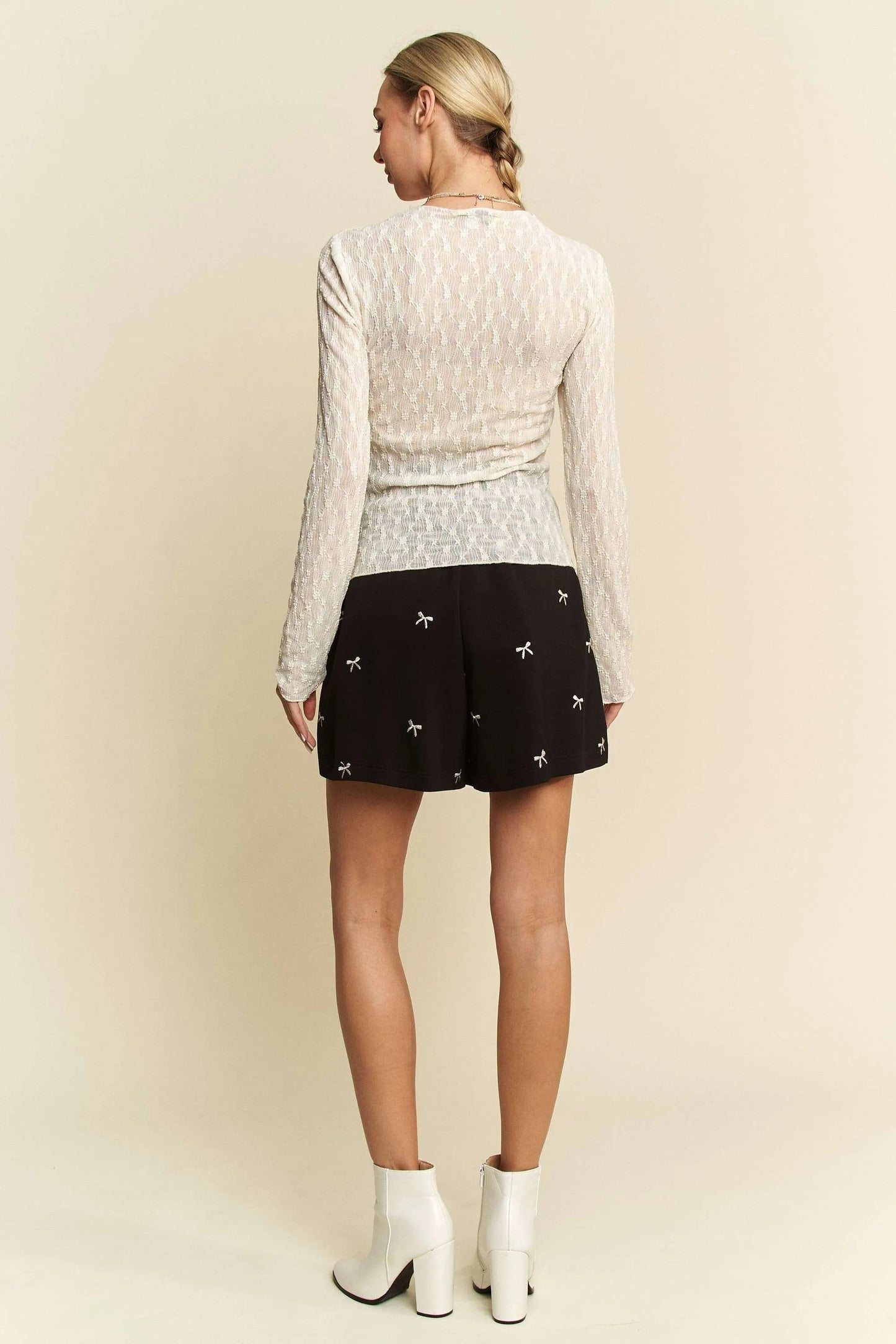 Davi & Dani Long Sleeve Sheer Small Embroidered Bows Lace Top