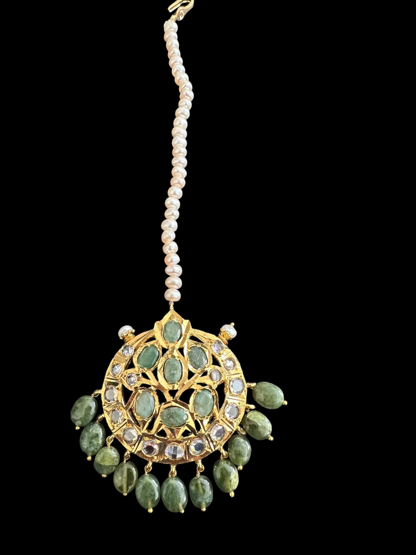 JTK11 Insha hyderabadi jhoomar tika in emeralds and fresh water pearls ( READY TO SHIP )