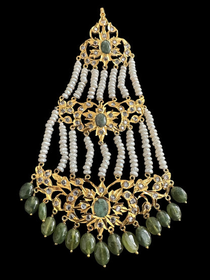 JTK11 Insha hyderabadi jhoomar tika in emeralds and fresh water pearls ( READY TO SHIP )