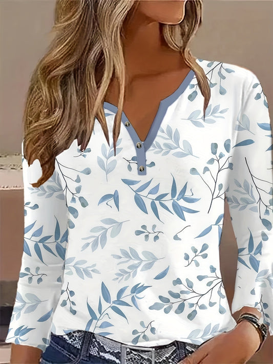 Botanical Leaf Print Button Front Long Sleeve Tee - Blue White