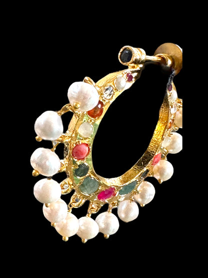 DER556 Chandbali in fresh water pearls and navratan  ( SHIPS IN 4 WEEKS)