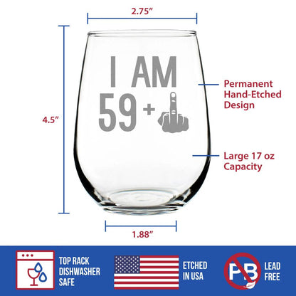 59 + 1 Middle Finger - 60th Birthday Stemless Wine Glass for Women & Men - Cute Funny Wine Gift Idea - Unique Personalized Bday Glasses for Best Friend Turning 60 - Drinking Party Decoration