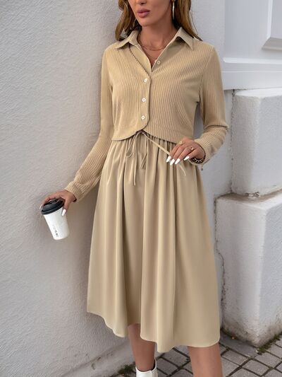 Perfee Fake Two Piece Collared Neck Long Sleeve Midi Dress