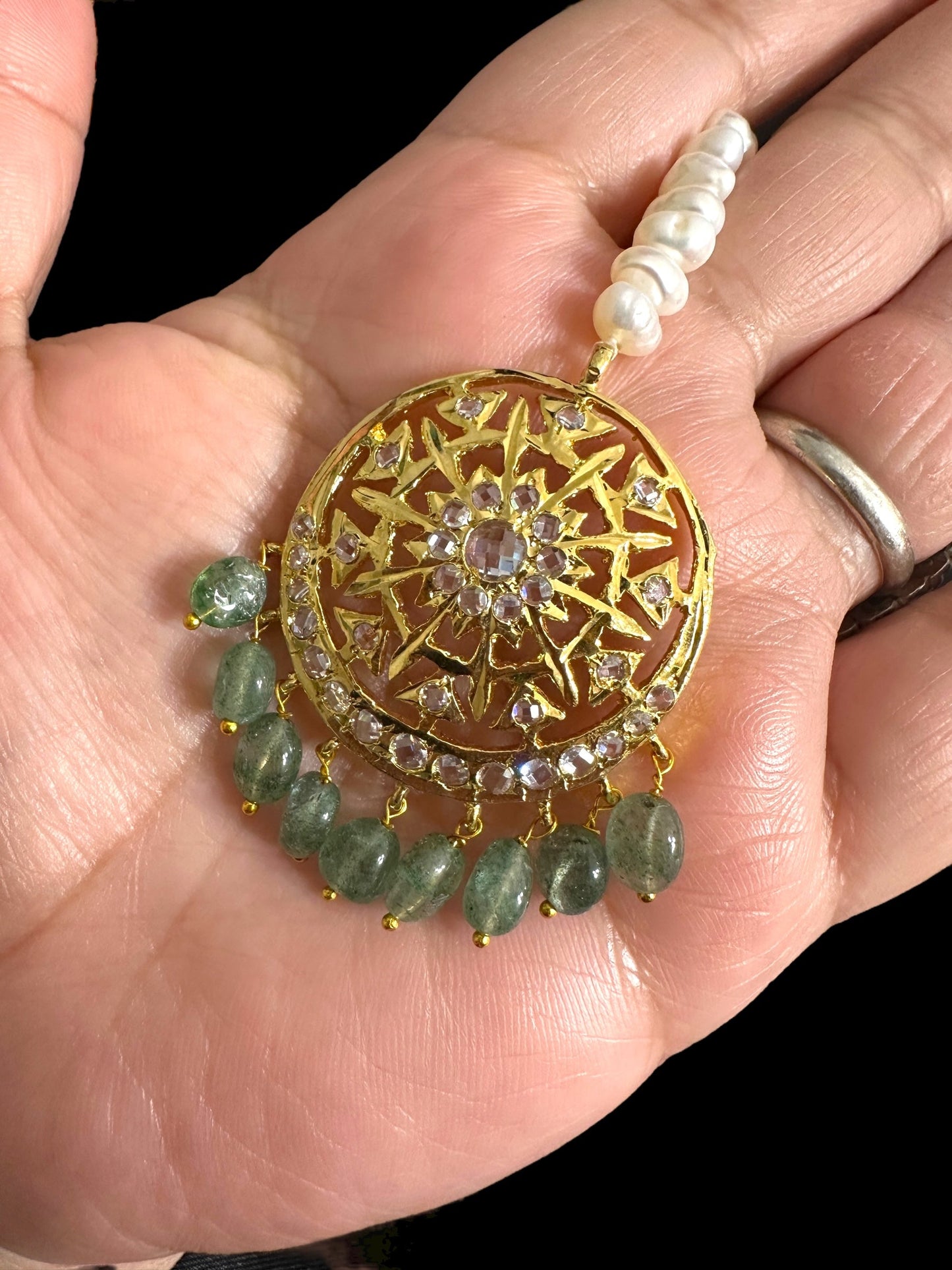 DJTK361  Fiza tika in fresh water pearls and emerald beads  ( READY TO SHIP )