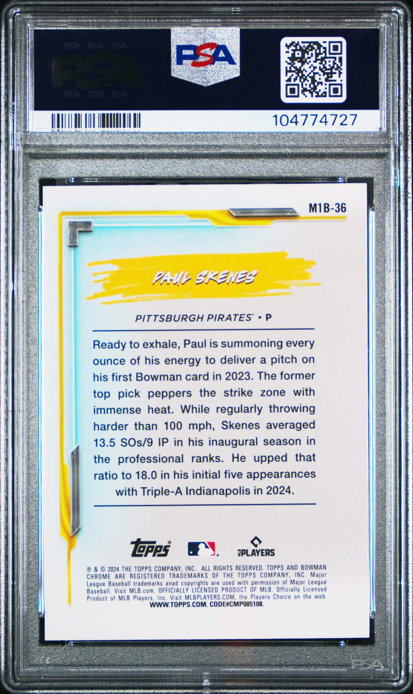Graded 2024 Topps Bowman Chrome Paul Skenes #M1B36 My 1st Bowman Rookie RC Baseball Card PSA 10 Gem Mint