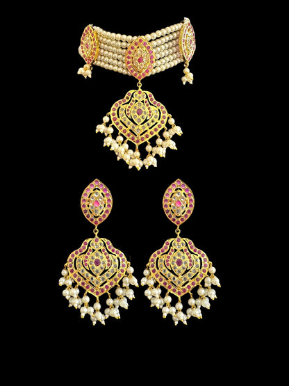BR307 Gold plated bridal set with earrings tika in ruby ( READY TO SHIP)