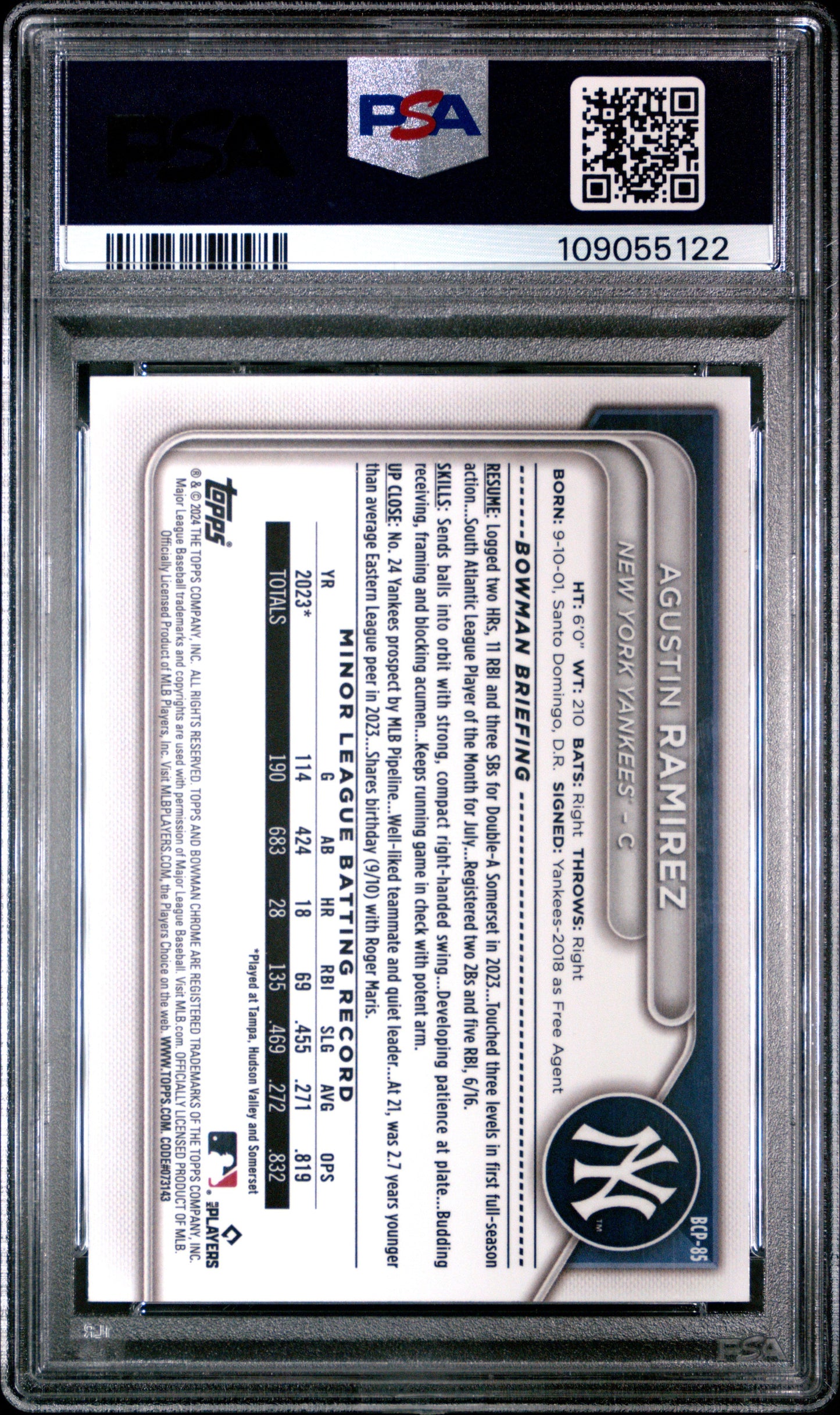 Graded 2024 Topps Bowman Agustin Ramirez #BCP85 Chrome Prospects Rookie RC Baseball Card PSA 10 Gem Mint