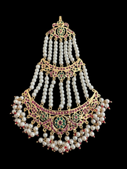 JTK12 AYRA jhoomar and tika in ruby emerald with pearls  ( READY TO SHIP  )