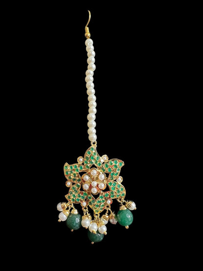 DJET66 Iza Jadau tops and tika set in pearls with green beads ( READY TO SHIP )