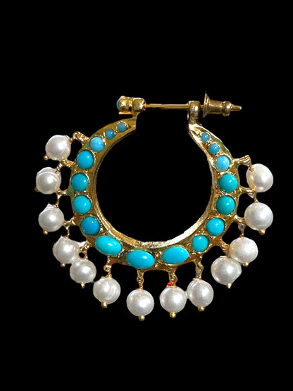 DER551 Chandbali in fresh water pearls and turquoise ( READY TO SHIP )