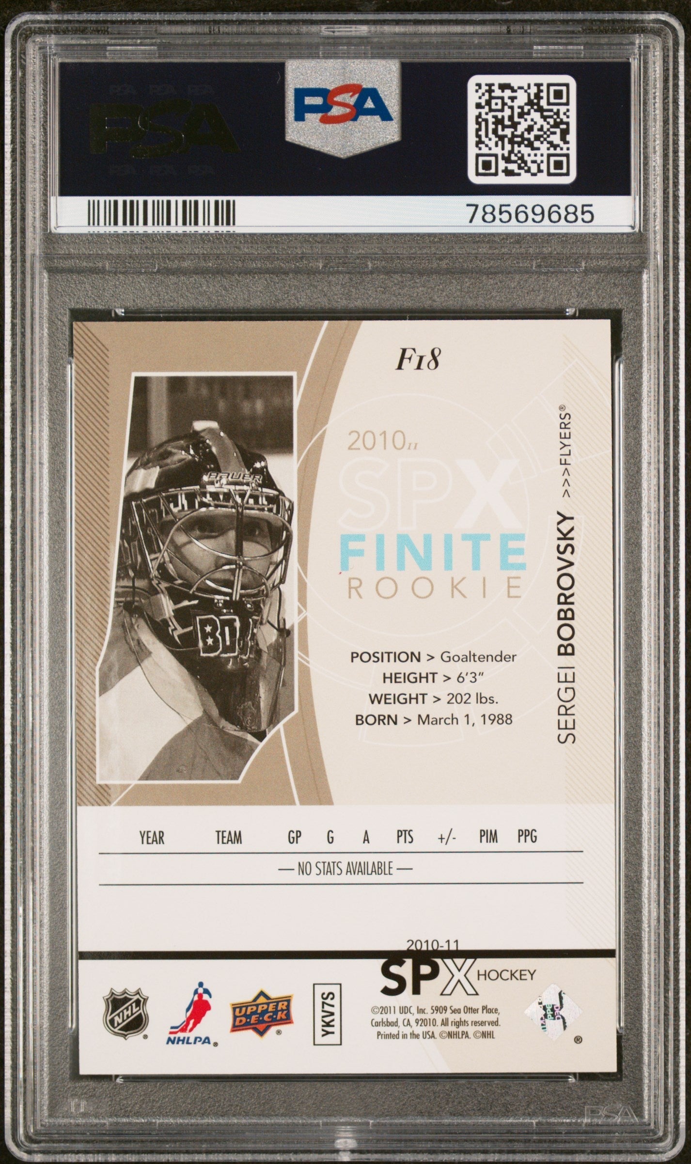 Graded 2010 Upper Deck SPX Sergei Bobrovsky #F18 Finite Rookies RC Hockey Card PSA 10 Gem Mint