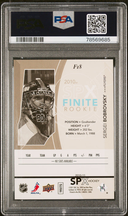 Graded 2010 Upper Deck SPX Sergei Bobrovsky #F18 Finite Rookies RC Hockey Card PSA 10 Gem Mint