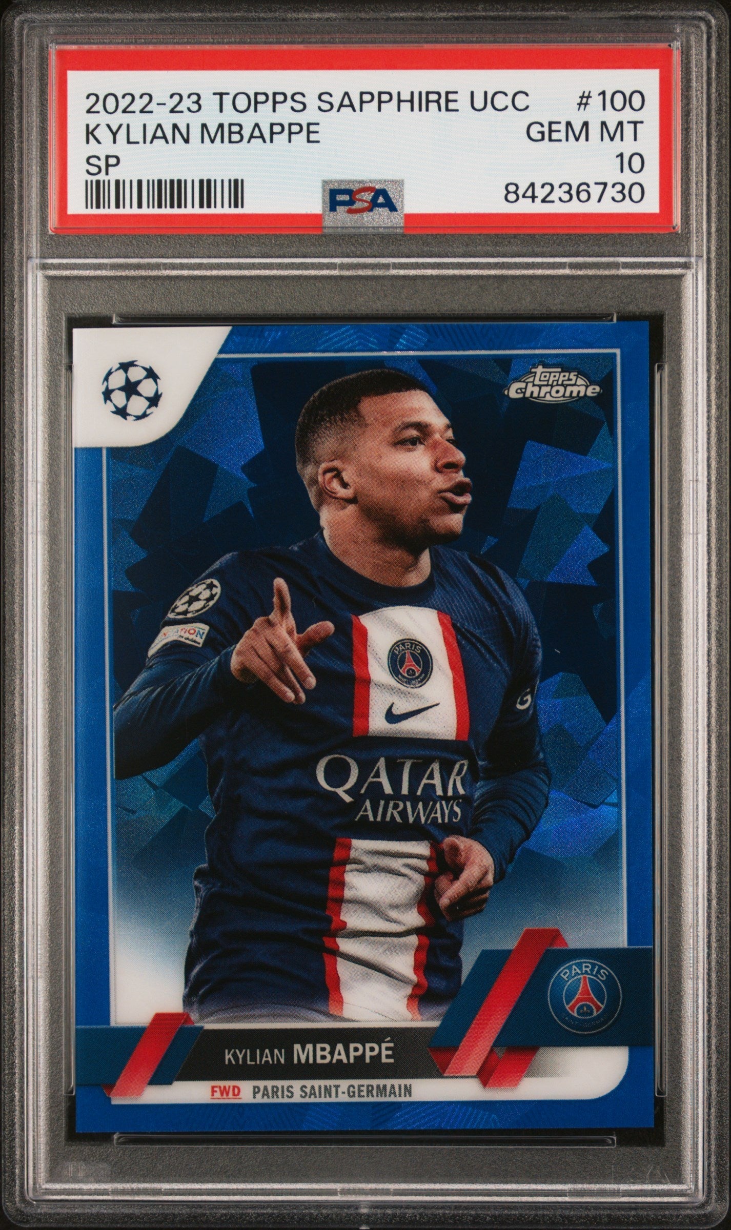 Graded 2022 Topps Chrome Sapphire UCC Kylian Mbappe #100 SP Soccer Card PSA 10 Gem Mint