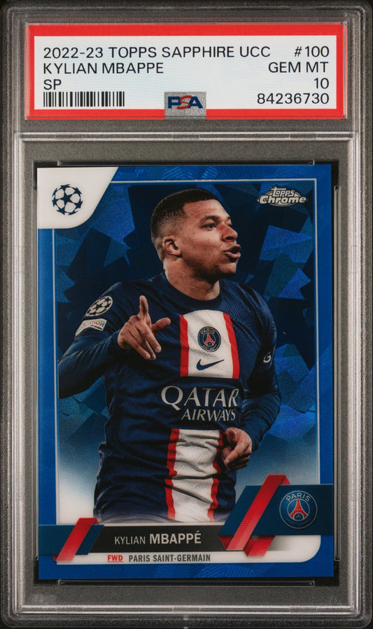 Graded 2022 Topps Chrome Sapphire UCC Kylian Mbappe #100 SP Soccer Card PSA 10 Gem Mint