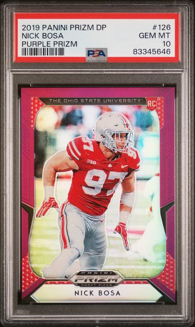 Graded 2019 Panini Prizm DP Nick Bosa #126 Purple Prizm Rookie RC Football Card PSA 10 Gem Mint