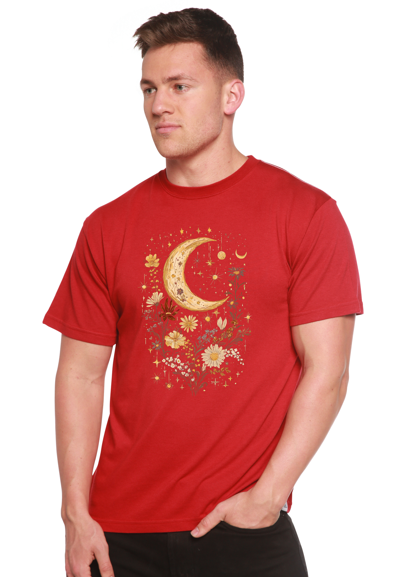 Celestial Moon Boho Flowers Vintage Unisex Bamboo/Cotton Graphic T-Shirt