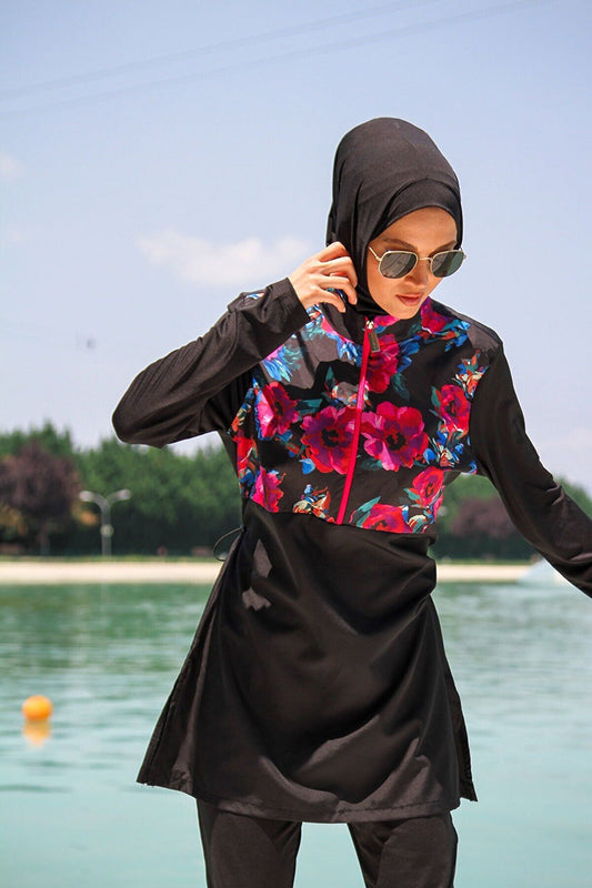 Woven Black Burkini Modest Swimwear M2268