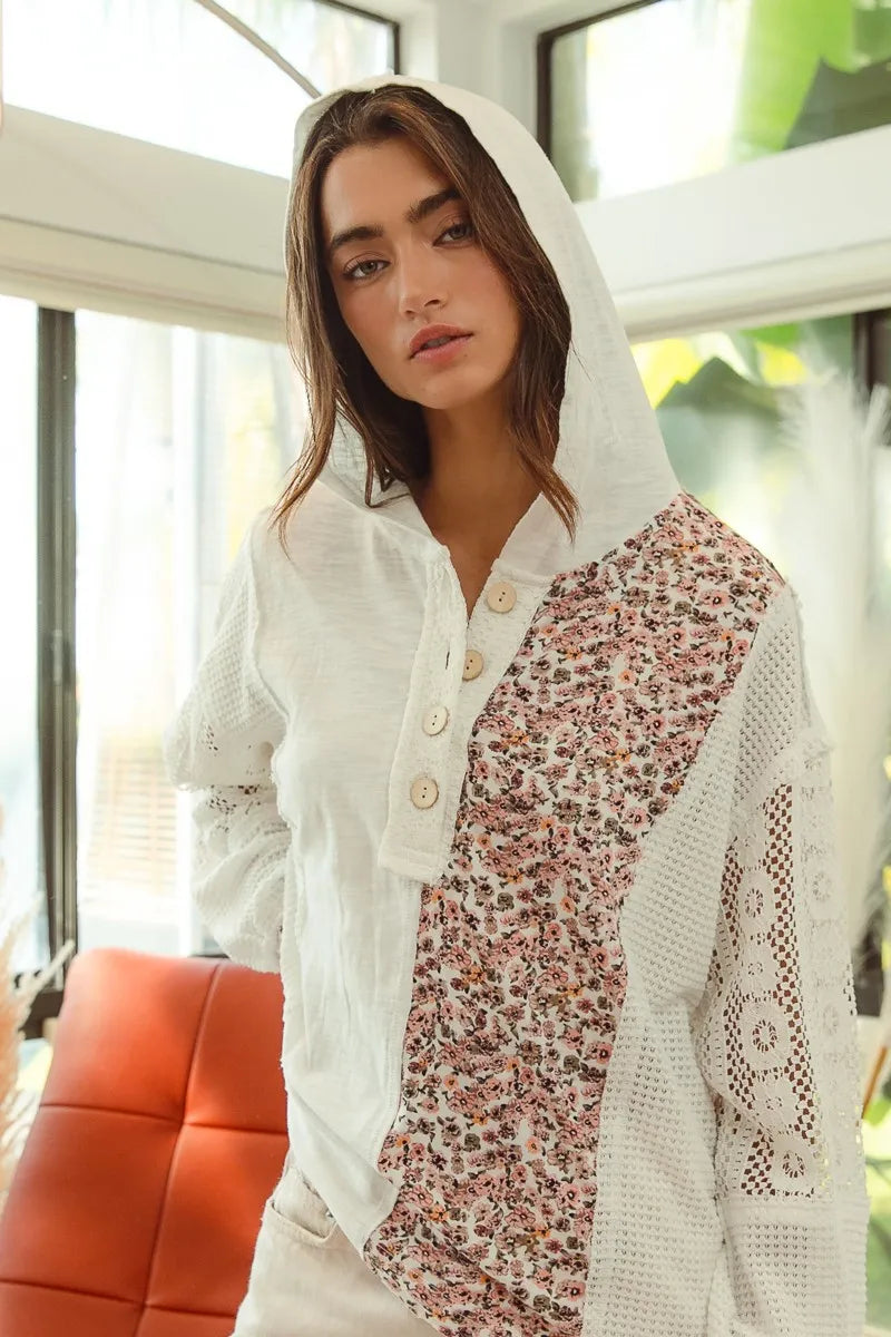 Garden Naked Slob Jersey with Lace Combo Buttoned Hoodie Top