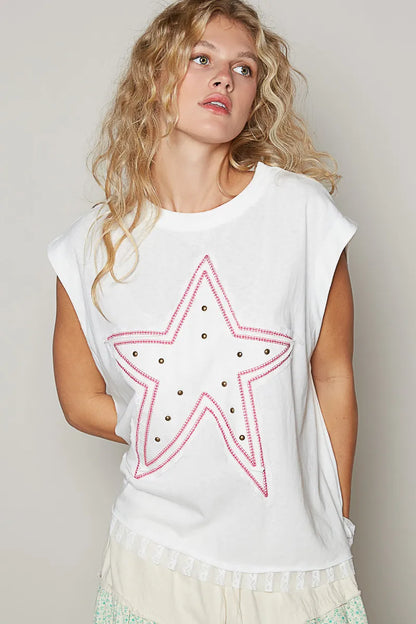 POL Star Patch Studded Sleeveless T-Shirt with Lace Hem