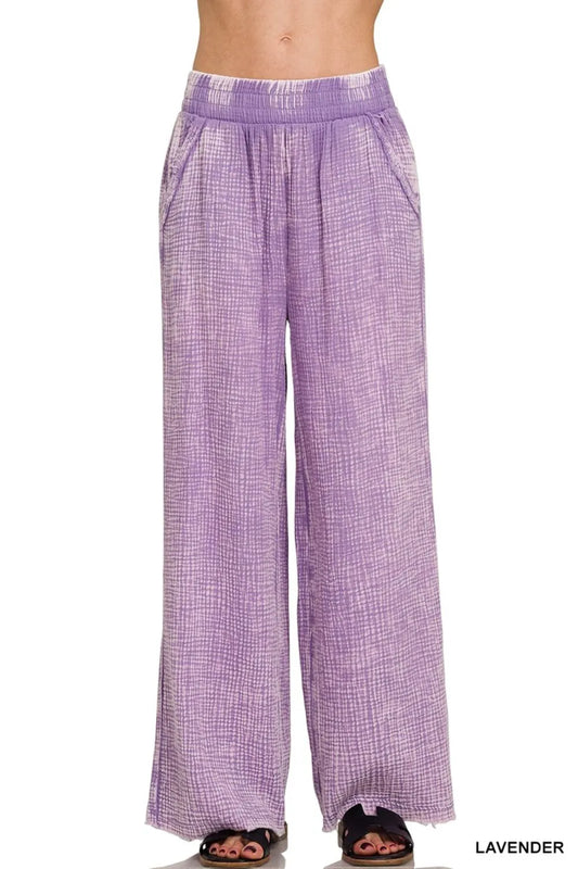 Zenana Washed Double Gauze Elastic Band Waist Pants