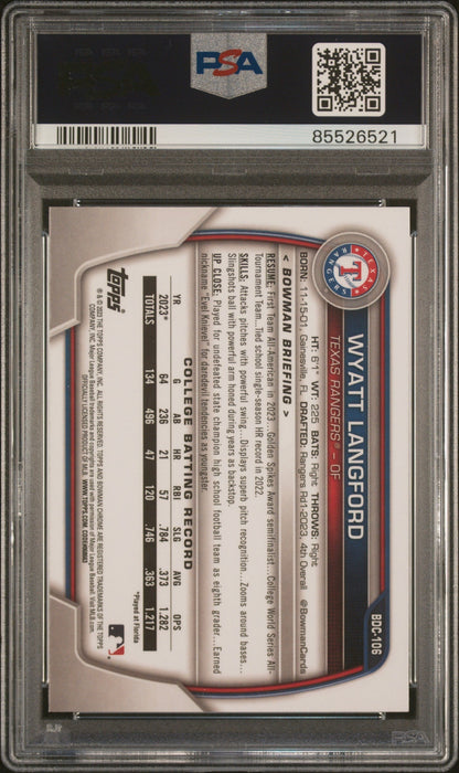 Graded 2023 Topps Bowman Draft Wyatt Langford #BDC106 Chrome Rookie RC Baseball Card PSA 10 Gem Mint