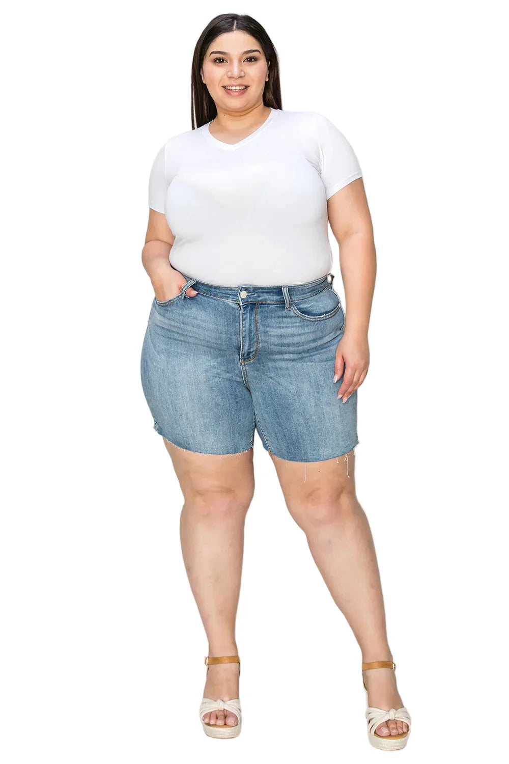 Full Size High Waist Raw Hem Denim Shorts