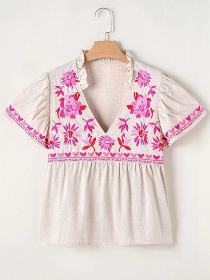 Floral Embroidered Short Sleeve Notched Blouse